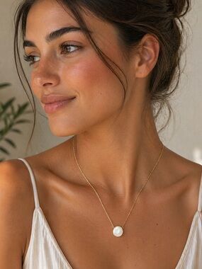 Gold Filled Chain Necklace with Glowing Opalescent Coin Pearl Pendant